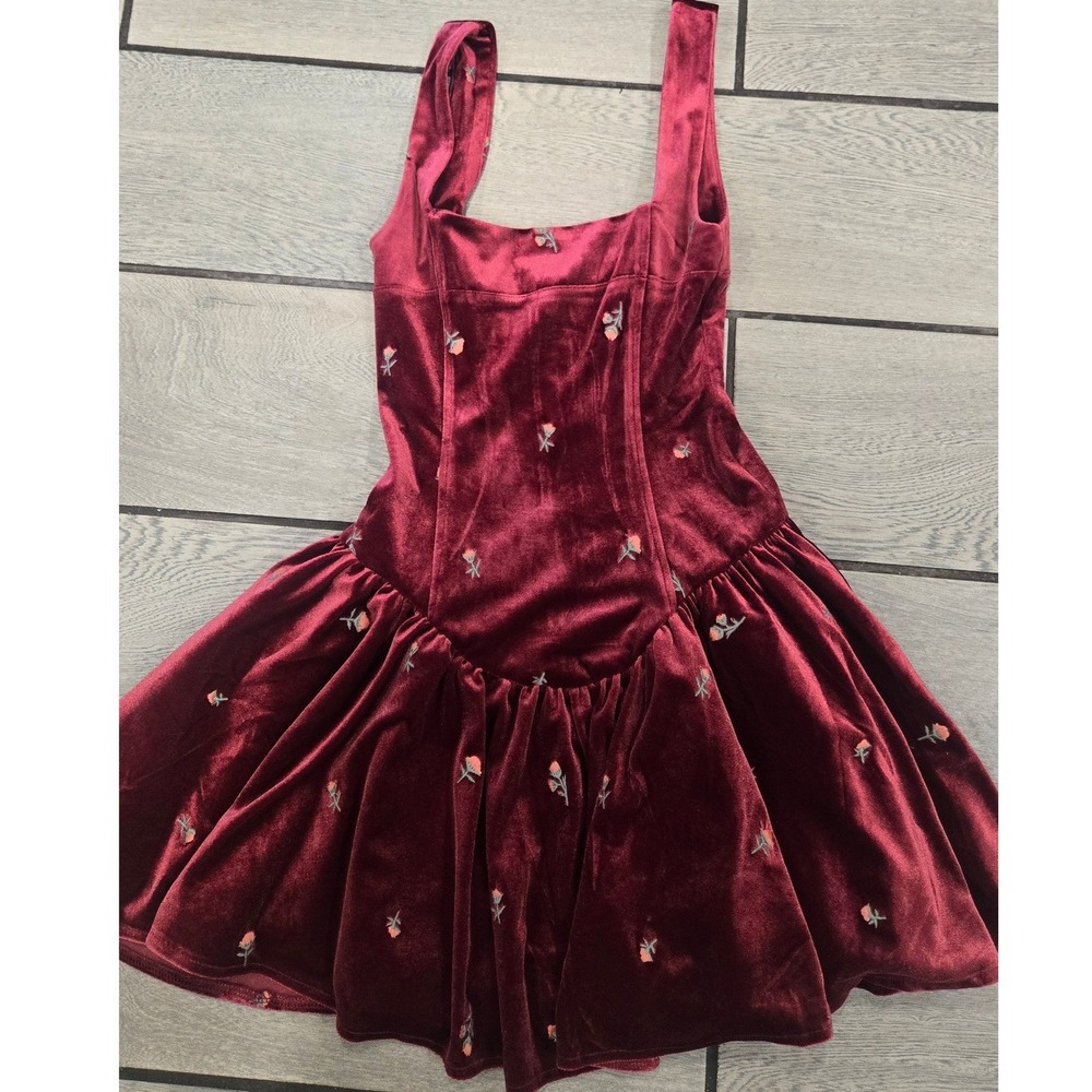 WeWoreWhat Burgundy Velvet Floral Embroidered Mini Dress Size 2 Tulle Skirt